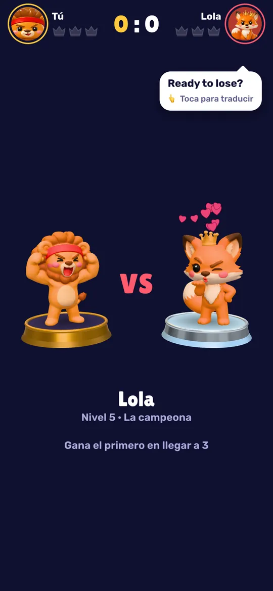 Antes del duelo: el león frente a Lola la zorra, que dice “Ready to lose?”